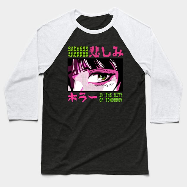 Japanese Sad Girl Anime Vaporwave Art Style Baseball T-Shirt by Visual Vibes